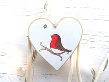 Load image into Gallery viewer, Robin memory heart. With you. Little robin ornament, with a silver glitter star, Made from responsibly resourced wood.