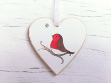 Load image into Gallery viewer, Robin memory heart. With you. Little robin ornament, with a silver glitter star, Made from responsibly resourced wood.
