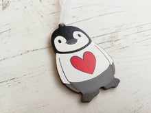 Load image into Gallery viewer, Penguin love heart decoration. Little wooden penguin tag, Red heart Christmas ornament
