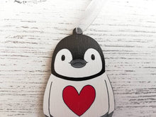 Load image into Gallery viewer, Penguin love heart decoration. Little wooden penguin tag, Red heart Christmas ornament
