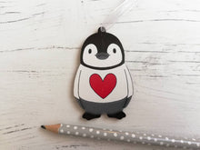 Load image into Gallery viewer, Penguin love heart decoration. Little wooden penguin tag, Red heart Christmas ornament