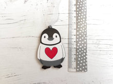 Load image into Gallery viewer, Penguin love heart decoration. Little wooden penguin tag, Red heart Christmas ornament