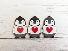Load image into Gallery viewer, Penguin love heart decoration. Little wooden penguin tag, Red heart Christmas ornament