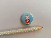 Load image into Gallery viewer, Rabbit badge, mini white rabbit badges, little bunny pin button. Red love heart jumper.