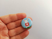 Load image into Gallery viewer, Rabbit badge, mini white rabbit badges, little bunny pin button. Red love heart jumper.