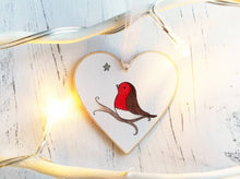 Load image into Gallery viewer, Robin memory heart. With you. Little robin ornament, with a silver glitter star, Made from responsibly resourced wood.