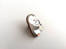 Load image into Gallery viewer, Penguin and chick wooden pin brooch, Mum and baby cute little penguin badge, eco friendly wood