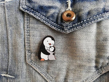 Load image into Gallery viewer, Penguin and chick wooden pin brooch, Mum and baby cute little penguin badge. Responsibly resourced wood.