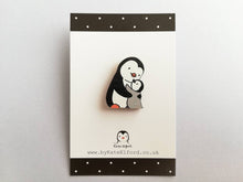 Load image into Gallery viewer, Penguin and chick wooden pin brooch, Mum and baby cute little penguin badge. Responsibly resourced wood.