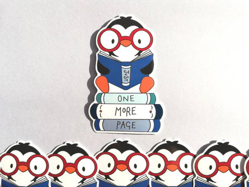 Penguin vinyl sticker, book penguin sticker, just one more page sticker, eco friendly