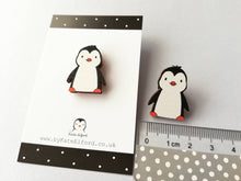 Load image into Gallery viewer, Penguin wooden pin badge, cute little penguin brooch. Made from environmentally friendly, responsibly resourced wood.