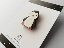Load image into Gallery viewer, Penguin wooden pin badge, cute little penguin brooch. Made from environmentally friendly, responsibly resourced wood.