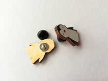 Load image into Gallery viewer, Penguin wooden pin badge, cute little penguin brooch. Made from environmentally friendly, responsibly resourced wood.