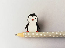 Load image into Gallery viewer, Penguin wooden pin badge, cute little penguin brooch. Made from environmentally friendly, responsibly resourced wood.