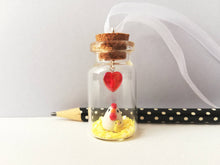 Load image into Gallery viewer, Miniature chicken and chick decoration. Little pottery white hen in a glass bottle. Mini ornament. Easter tree chick
