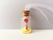 Load image into Gallery viewer, Miniature chicken and chick decoration. Little pottery white hen in a glass bottle. Mini ornament. Easter tree chick
