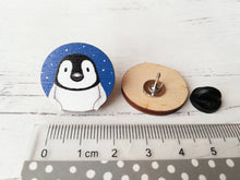 Load image into Gallery viewer, Penguin pin, wooden pin badge, cute little blue starry penguin chick brooch.