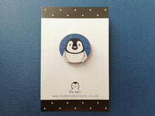 Load image into Gallery viewer, Penguin pin, wooden pin badge, cute little blue starry penguin chick brooch.
