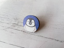 Load image into Gallery viewer, Penguin pin, wooden pin badge, cute little blue starry penguin chick brooch.