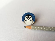 Load image into Gallery viewer, Penguin pin, wooden pin badge, cute little blue starry penguin chick brooch.