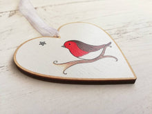Load image into Gallery viewer, Robin memory heart. With you. Little robin ornament, with a silver glitter star, Made from responsibly resourced wood.