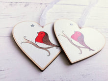 Load image into Gallery viewer, Robin memory heart. With you. Little robin ornament, with a silver glitter star, Made from responsibly resourced wood.