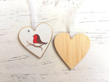 Load image into Gallery viewer, Robin memory heart. With you. Little robin ornament, with a silver glitter star, Made from responsibly resourced wood.