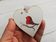 Load image into Gallery viewer, Robin memory heart. With you. Little robin ornament, with a silver glitter star, Made from responsibly resourced wood.