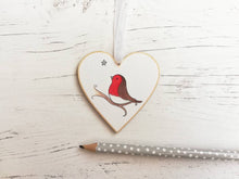 Load image into Gallery viewer, Robin memory heart. With you. Little robin ornament, with a silver glitter star, Made from responsibly resourced wood.