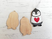 Load image into Gallery viewer, Penguin love heart decoration. Little wooden penguin tag, Red heart Christmas ornament