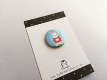 Load image into Gallery viewer, Rabbit badge, mini white rabbit badges, little bunny pin button. Red love heart jumper.