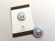 Load image into Gallery viewer, Rabbit badge, mini white rabbit badges, little bunny pin button. Red love heart jumper.