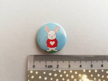 Load image into Gallery viewer, Rabbit badge, mini white rabbit badges, little bunny pin button. Red love heart jumper.