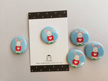 Load image into Gallery viewer, Rabbit badge, mini white rabbit badges, little bunny pin button. Red love heart jumper.