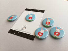 Load image into Gallery viewer, Rabbit badge, mini white rabbit badges, little bunny pin button. Red love heart jumper.
