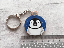 Load image into Gallery viewer, Penguin chick keyring. Wooden key fob, blue starry night, penguin key chain, wood bag charm, responsibly resourced wood