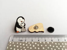 Load image into Gallery viewer, Penguin and chick wooden pin brooch, Mum and baby cute little penguin badge, eco friendly wood