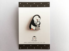 Load image into Gallery viewer, Penguin and chick wooden pin brooch, Mum and baby cute little penguin badge. Responsibly resourced wood.