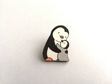 Load image into Gallery viewer, Penguin and chick wooden pin brooch, Mum and baby cute little penguin badge. Responsibly resourced wood.
