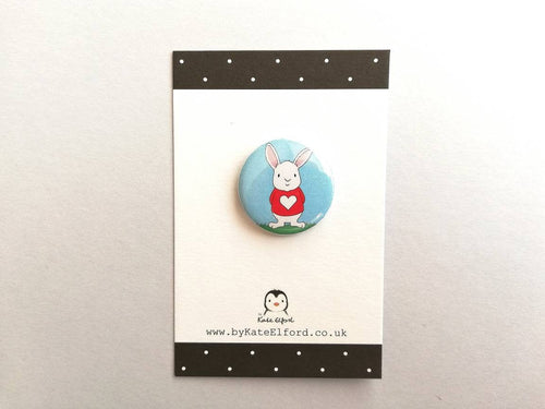 Rabbit badge, mini white rabbit badges, little bunny pin button. Red love heart jumper.