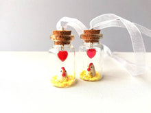 Load image into Gallery viewer, Miniature chicken and chick decoration. Little pottery white hen in a glass bottle. Mini ornament. Easter tree chick
