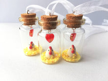 Load image into Gallery viewer, Miniature chicken and chick decoration. Little pottery white hen in a glass bottle. Mini ornament. Easter tree chick
