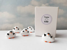 Load image into Gallery viewer, Penguin cloud. Little penguin in a box, black and white miniature pottery penguin in a white cloud, ceramic penguin gift