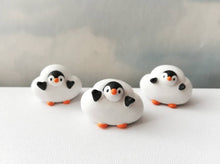 Load image into Gallery viewer, Penguin cloud. Little penguin in a box, black and white miniature pottery penguin in a white cloud, ceramic penguin gift