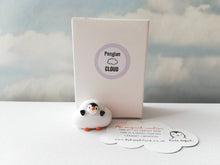 Load image into Gallery viewer, Penguin cloud. Little penguin in a box, black and white miniature pottery penguin in a white cloud, ceramic penguin gift