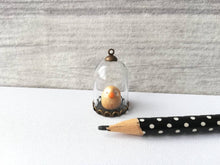 Load image into Gallery viewer, Miniature bird glass domes. Pottery penguin, owl, cockatiel, robin, blue tit, chicken, puffin, or gold finch. Mini taxidermy style.