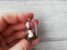 Load image into Gallery viewer, Miniature bird glass domes. Pottery penguin, owl, cockatiel, robin, blue tit, chicken, puffin, or gold finch. Mini taxidermy style.
