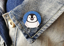 Load image into Gallery viewer, Penguin pin, wooden pin badge, cute little blue starry penguin chick brooch.