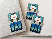Load image into Gallery viewer, Penguin vinyl sticker, sleeping penguin sticker, sardine tin bed sticker