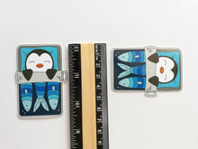 Load image into Gallery viewer, Penguin vinyl sticker, sleeping penguin sticker, sardine tin bed sticker